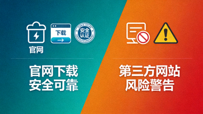 对比图：左侧为官网下载安全可靠，右侧为第三方网站风险警告