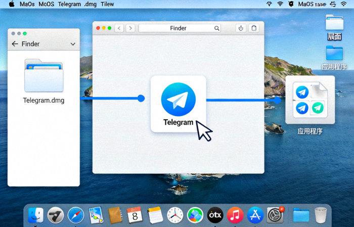 macOS系统打开Telegram的dmg文件并拖拽安装的界面示意图