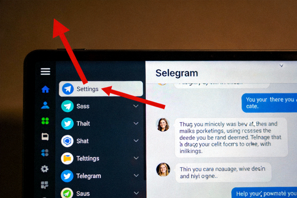 Telegram电脑版主界面截图，箭头指向左上角菜单按钮和Settings选项