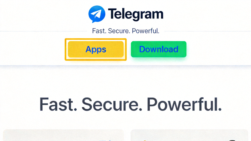 Telegram官方网站首页截图，高亮显示Apps或Download按钮位置