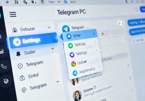 Telegram PC版主界面，高亮显示左上角菜单按钮和Settings设置选项