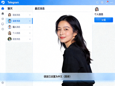 Telegram PC版主界面中文语言设置成功后的效果展示图