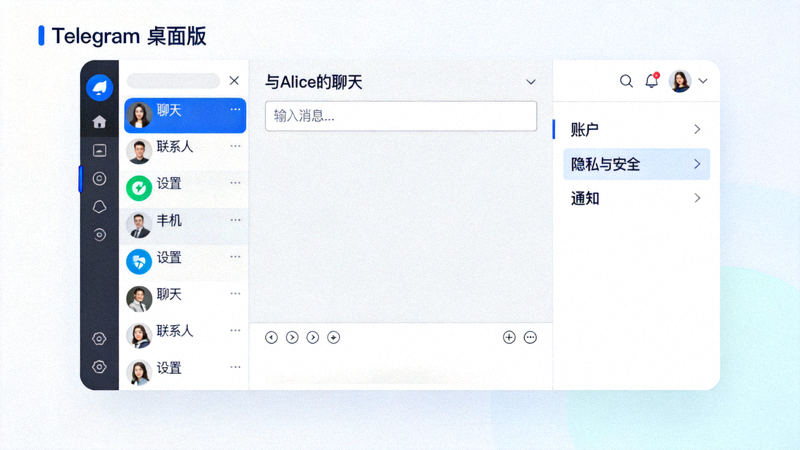 Telegram桌面版简体中文界面全功能演示截图，展示菜单、设置和聊天窗口